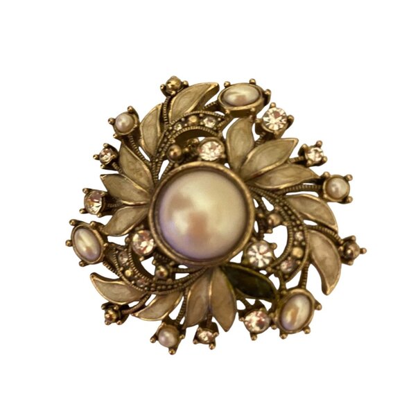 Monet Vintage Faux Pearl Rhinestone Floral Brooch Pin UV Glowing Uranium 1.5" - Picture 2 of 6